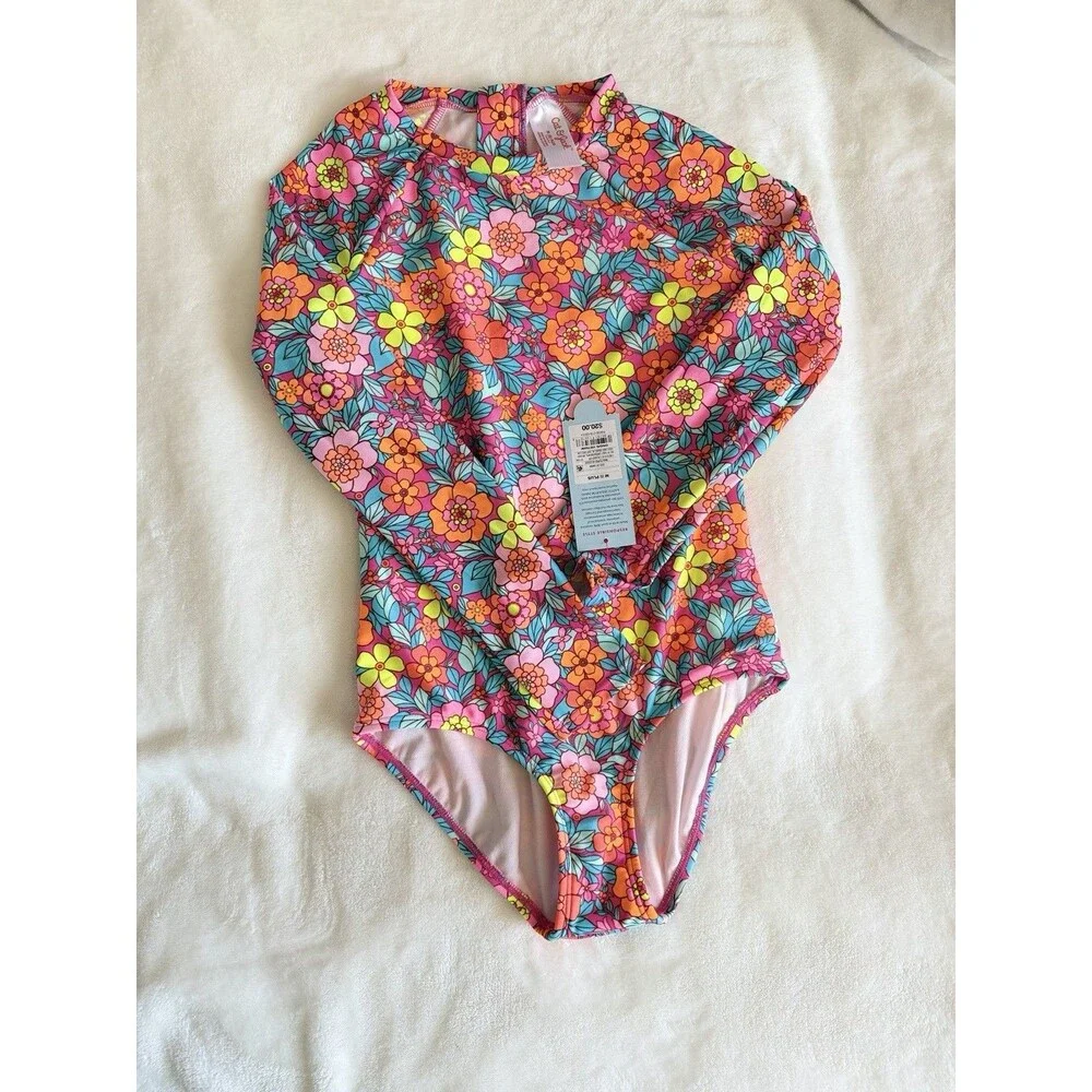Cat & Jack Girls M (8) Plus One Piece Swimsuit Floral Multicolor Long Sleeve